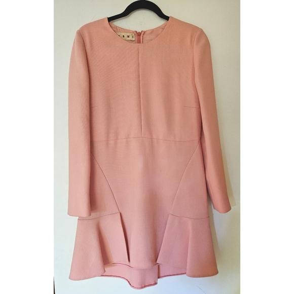 MARNI Wool Crepe Mini Dress 6 Peach Pink Long Sleeve Ruffle Italy - Picture 2 of 15